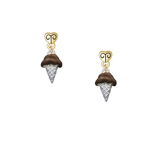 2-D Chocolate Ice Cream Cone Gold Tone Scroll Heart Earrings