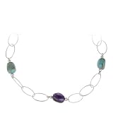 Sterling Silver Oval Link, Turquoise and Amethyst Nugget Necklace, 16+3 Extender