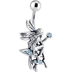 Sterling Silver 925 Aqua Cz Mythical Fairy Belly Ring