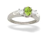 14K White Gold Genuine Oval Peridot and Diamond 3-Stone Ring