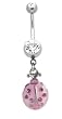 Stainless Steel Belly Ring with Clear/Pink Crystals - Pink Ladybug Dangling