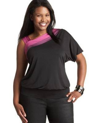 ING Plus Size One-Shoulder Color-Block Tunic