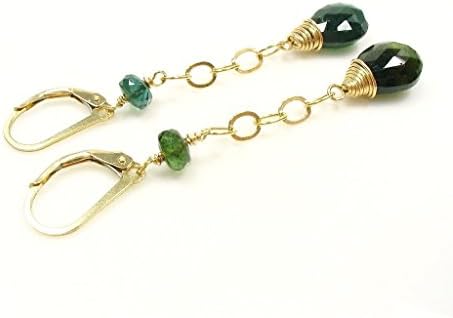 Green Tourmaline Leverback Dangle Earrings, 14K Gold Filled