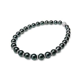 12 x 14mm black Tahitian south sea cultured pearl necklace with 18K gold and... by