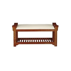 Craftsman 42w Bench With Shelf And Ivory Fabric Cushion, IVORY, DARK OAK