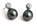 18K White Gold Natural Black 9.5mm South-Sea Pearl Earrings, Set With Bezel Set Diamonds.