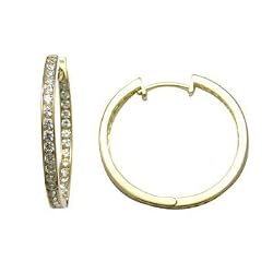 14K Yellow Gold CZ In and Out Hoop Earrings - 1 Inch