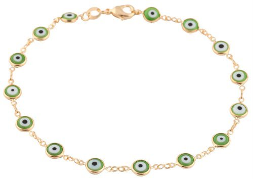 Two Year Warranty Gold Overlay with Green Mini Evil Eye Style 10 Inch Anklet