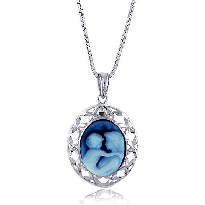 Sterling Silver Oval Frame 14X10mm Blue Agate Mother and Baby Cameo Pendant w/22″ Adjustable Chain
