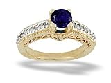 14K Yellow Gold Round Created Sapphire and Diamond Ring