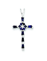 14K White Gold Diamond & Sapphire Cross Pendant
