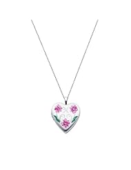 Sterling Silver Pink Enamel Engraved Heart Locket Pendant (0.8" or 20mm Height) with 1.0mm Rolo Cable Chain - 18" Inches