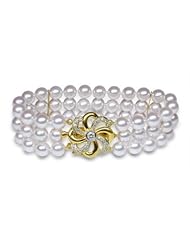 6.5x7mm AAA Quality Japanese Akoya Triple Strand Bracelet - 8 inches (Pin Wheel Clasp