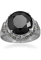 Sterling Silver Marcasite Ring With a 12.5mm Faceted Black CZ Stone - Size 9 - JewelryWeb