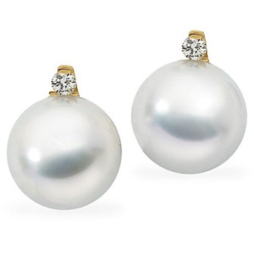 18K Yellow Gold Paspaley South Sea Cultured Fine Round Pearl and Diamond Earrings
