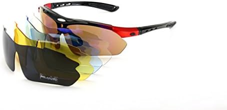HaoMing Men's TR90 Polarized Cycling Sunglasses UV400 Eyewear with 5 Interchangable Lenses,Black/Red Frame