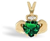 14K Yellow Gold Heart Created Emerald and Diamond Celtic Claddagh Pendant