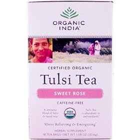 Organic India Tulsi Tea, Sweet Rose, Caffeine-Free, 18 Tea Bags, 1.08 oz (30.6 g) by ClubNatural
