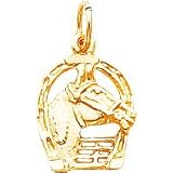 10K Yellow Gold Horse head in Horseshoe Charm Diamond Cut