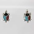 Turtle Stud Earrings in Sterling Silver with Coral, Onyx and Turquoise Inlay, #10794
