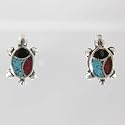 Little Turtle Stud Earrings in Sterling Silver with Onyx, Coral and Turquoise Inlay, #10794