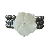 Black Triple Strand Elastic Cultured Pearl Bracelet w. Detachable Mother-of-Pearl Flower