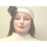 Cp155, Hand Crocheted White Chenille Gimp Tweed Skull Cap with Black and White Polka Dot Chiffon Rose for Women and Teens.