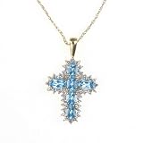 1.8cttw Genuine Blue Topaz Cross with Diamond Accents and 10K Yellow Gold Pendant with Chain Necklace Gift Boxed