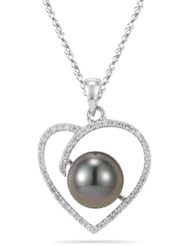 0.21 Cts Diamond & Tahitian Pearl Heart Pendant in 18K White Gold