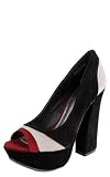 Nanette05 Retro Heel Peep Toe Colorblock Pumps BLACK