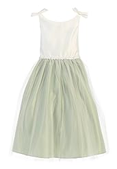 Girls Tea Length Polyester/Satin/Tulle Two-Toned   Flower-Girl Dress  With a Bow(s) and a Ribbon  and a Sash  and Pearls