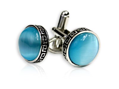 Chic Aquamarine Blue Cateye Cufflinks Framed in Silver with Gift Box
