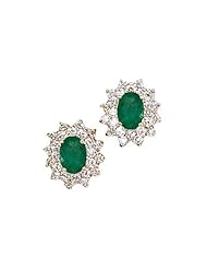 14K Yellow Gold Oval Emerald and Diamond Earrings