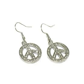 Silver Crystal Peace Symbol Earrings Fashion Jewelry