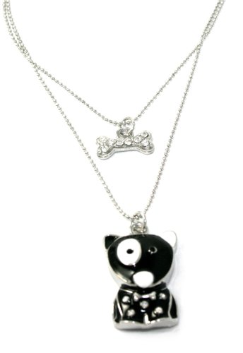 Super Cute Black Puppy & Bone Double Charm & Chain Necklace with Crystals