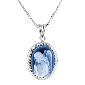 Sterling Silver Guardian Angel Oval Agate Cameo Pendant - 3 8 x 1 2 w  18... by Netaya