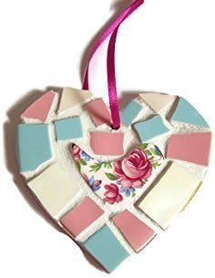 China Hanging Heart - Blue and Pink broken China Mosaic Hanging Heart