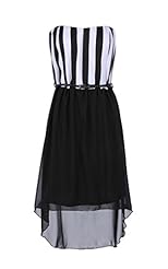 Strapless Belted Sheer Striped Print Flared-Skirt Polyester/Rayon/Spandex High-Low-Hem  Dress