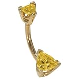 14G 3/8 - Double Trillion Cut Citrine Solid 14K Yellow Gold Belly Ring - (November)