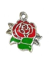 Sterling Silver 18" .8mm Wide Box Chain Necklace With Red Enamel Rose Pendant With Green Leaves