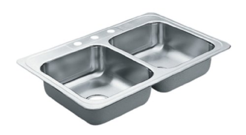 Moen 22826 Excalibur 3 Hole Stainless Steel 22 Gauge Double Bowl Drop In Sink, Stainless