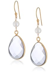 Faceted Pink Amethyst Quartz Pear Shape Bezel with White Freshwater Cultured Pearl and Gold over Silver Ear Wire Drop Earrings