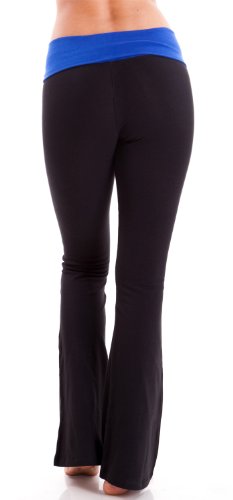 Ladies Black Yoga Pants Blue Fold-over Waistband, Large