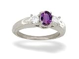 14K White Gold Genuine Oval Amethyst and Diamond 3-Stone Ring