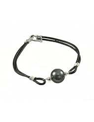 Sterling silver 12-13mm Tahitian cultured pearl on leather cord bracelet, 8.5"
