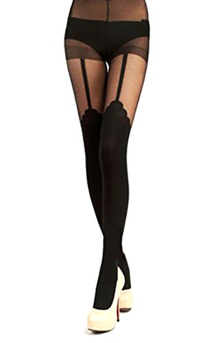 H.P.D. Women's Imitation Garter Pantyhose Stocking (Black Rose Lace)