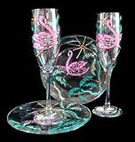 Flamingo Frolic Design - Hand Painted - Matching Set of Toasting Flutes - 6 oz. & 7 inch Cake Plates