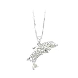 Sterling Silver Cubic Zirconia ''Dolphin Duo'' Pendant with Chain