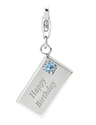 Sterling Silver Happy Birthday Card Charm with Lobster Clasp ,Aquamarine Swarovski March Birthstone , Width 3/8 Inch, Length 1/1/2 Inch, Weight 3.8g, Fits Traditional Charm Bracelet