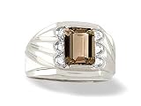 14K White Gold Genuine Emerald-cut Smoky Quartz and Diamond Men's Ring